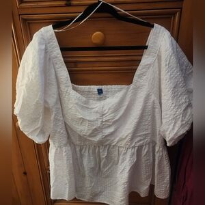 Beautiful White Textured Blouse with Puffy Sleeves and Ruched Back